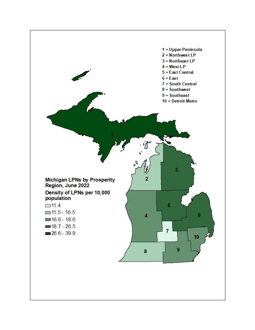 Michigan map of LPNs by prosperity region in 2022